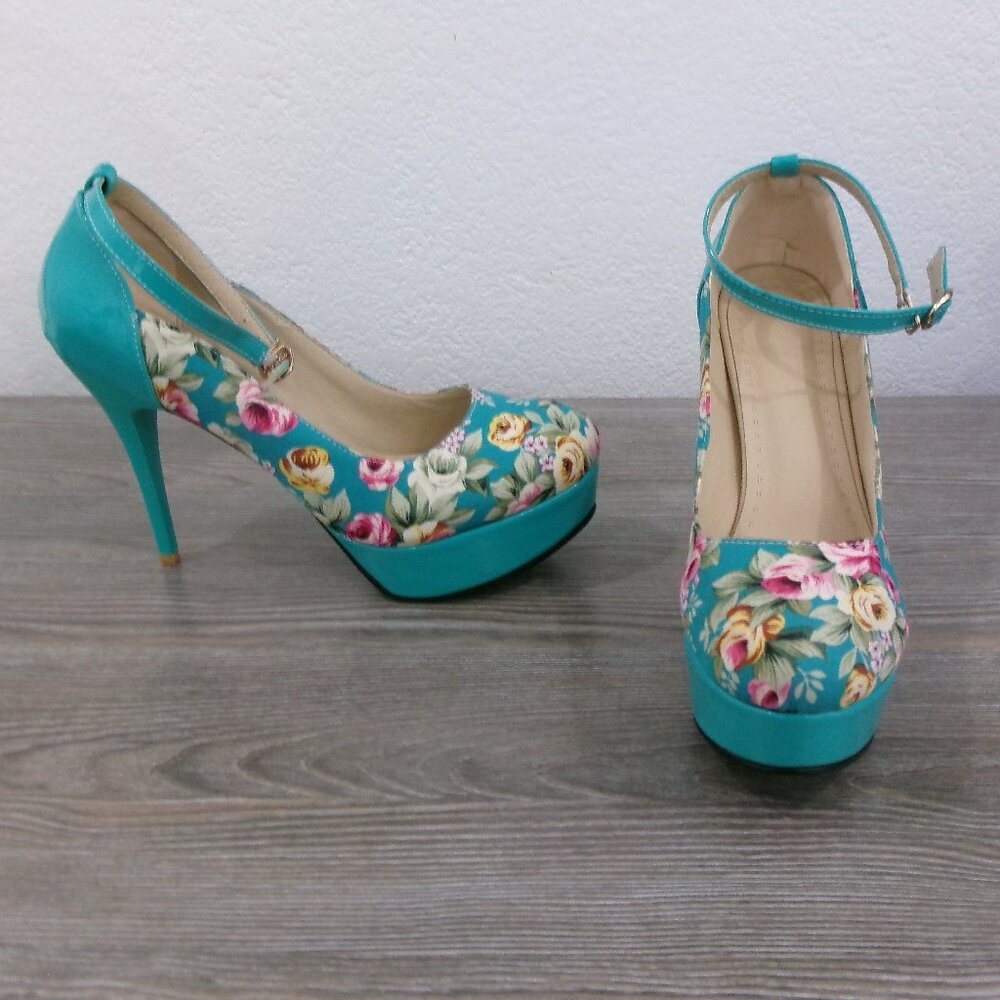 Like New Jing Pin Turquoise & Floral Platform Ankle Strap Stiletto Heels Shoes 9